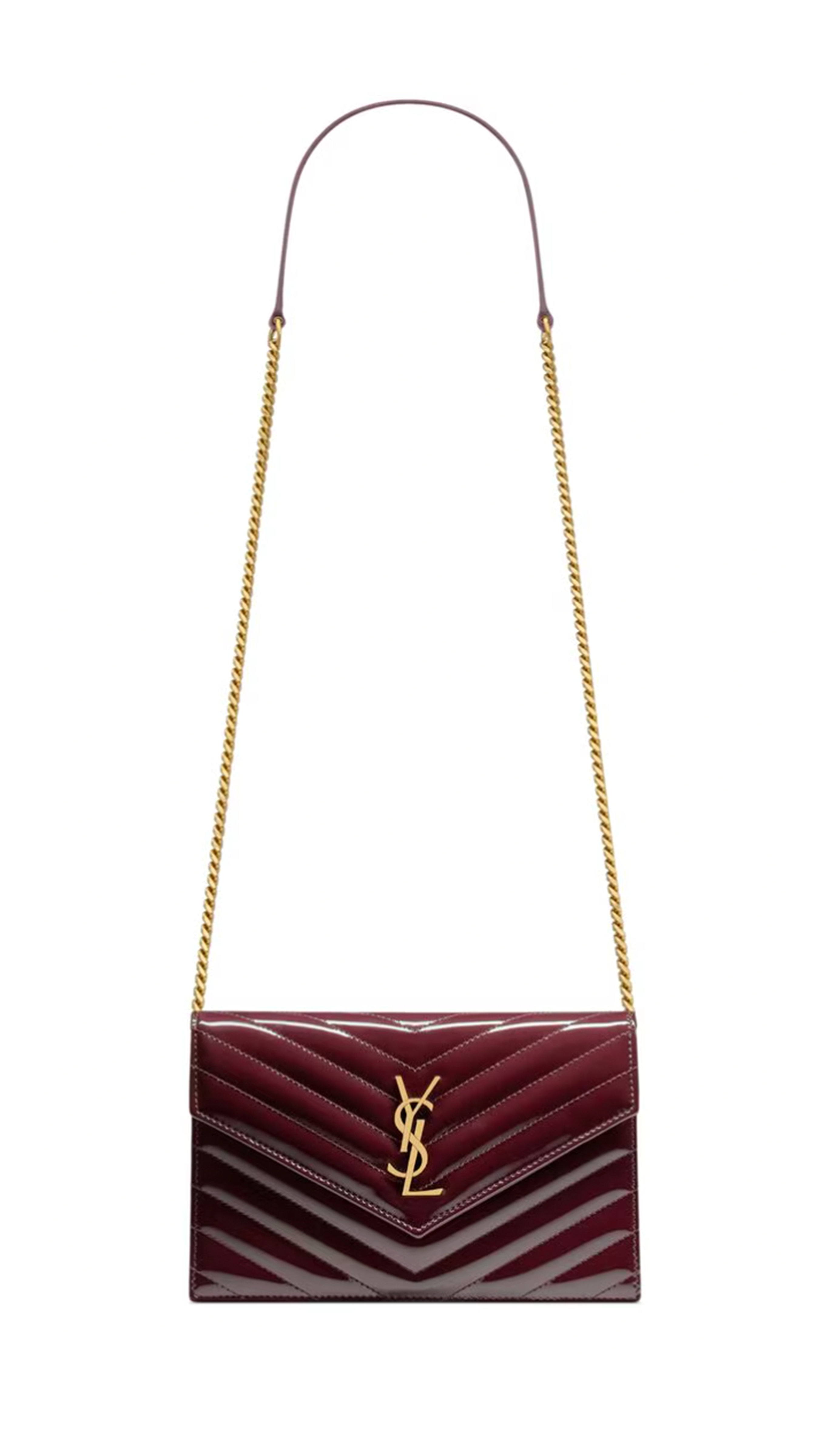 Cassandre Envelope Chain Wallet in Patent Leather - Dark Red Wine