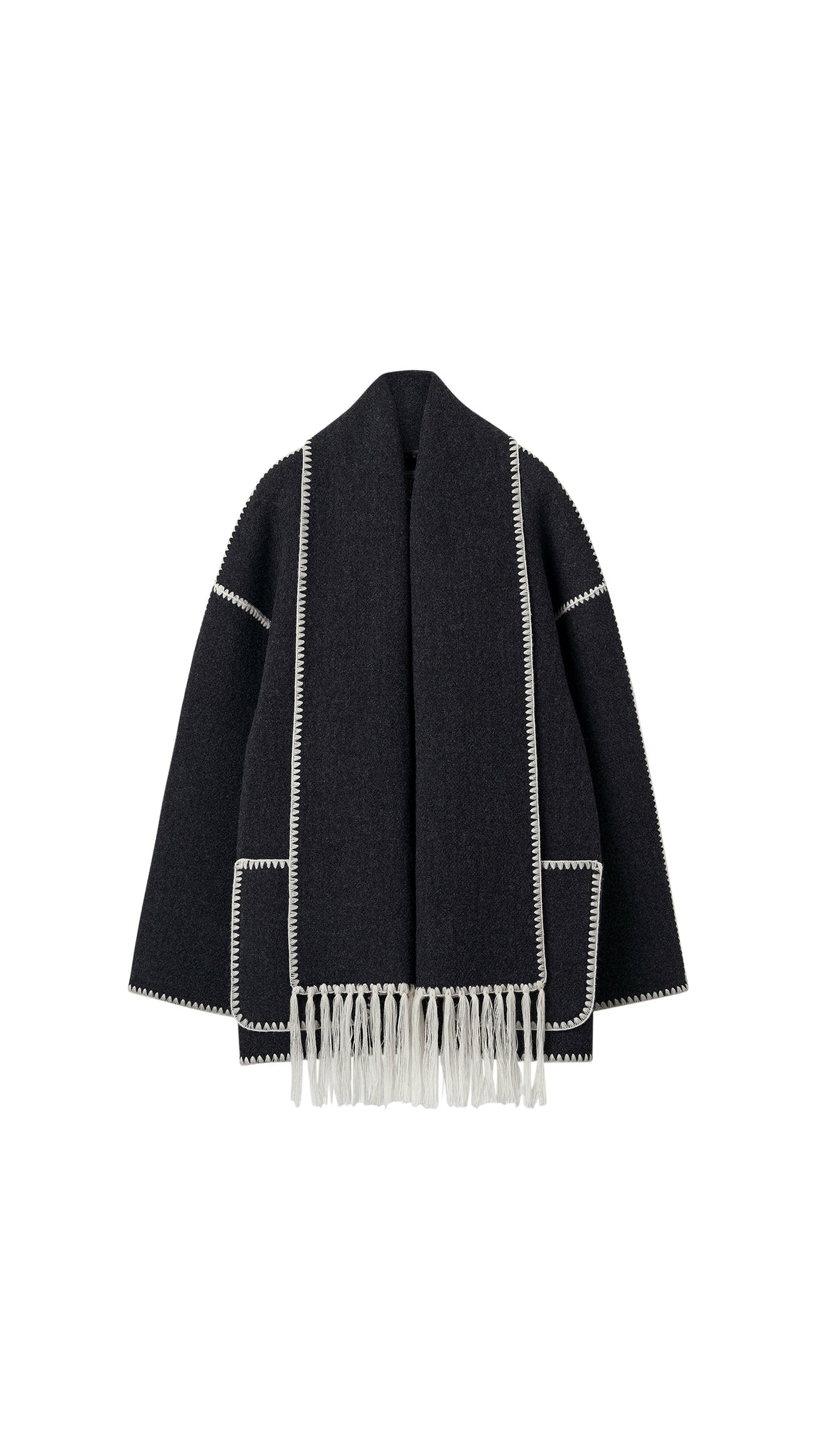 Embroidered Wool-Blend Scarf Jacket - Black/White