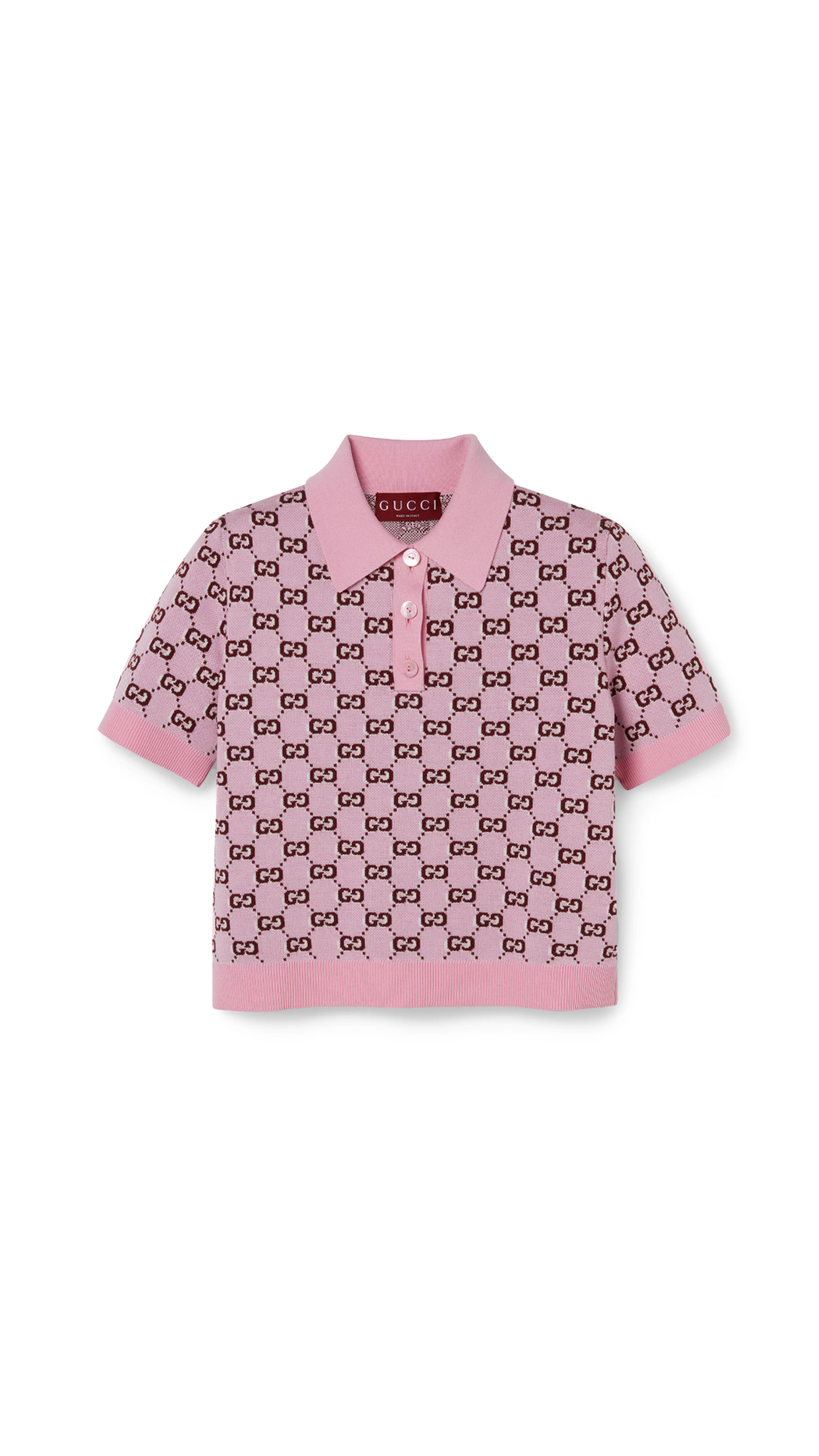 Wool Jacquard Polo Top with GG Shadow - Candy Pink