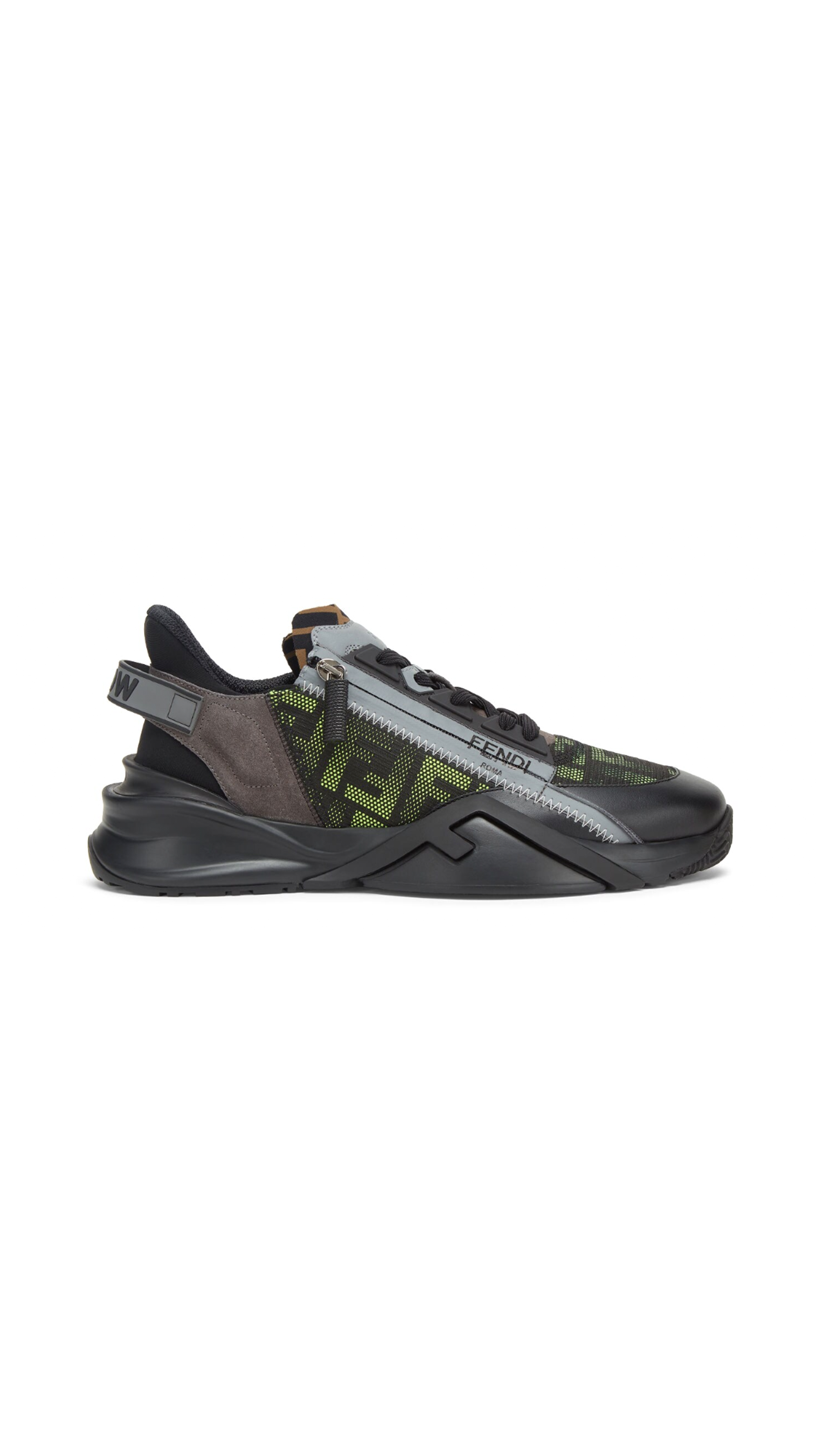 Fendi Flow Suede and Mesh Sneakers - Black/Brown/Neon Yellow