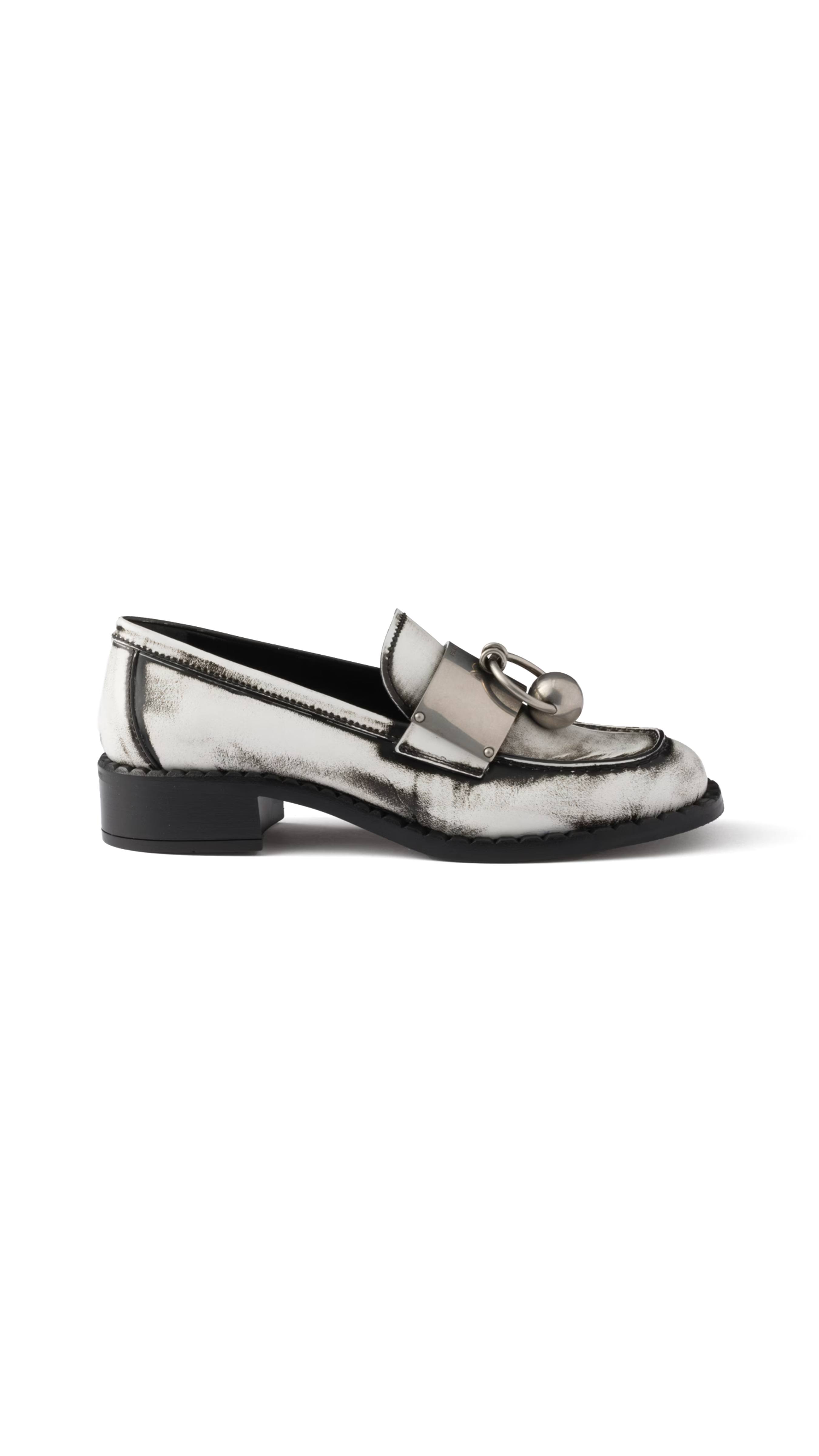 Brushed Leather Loafers with Metal Details - White/Black/Silver