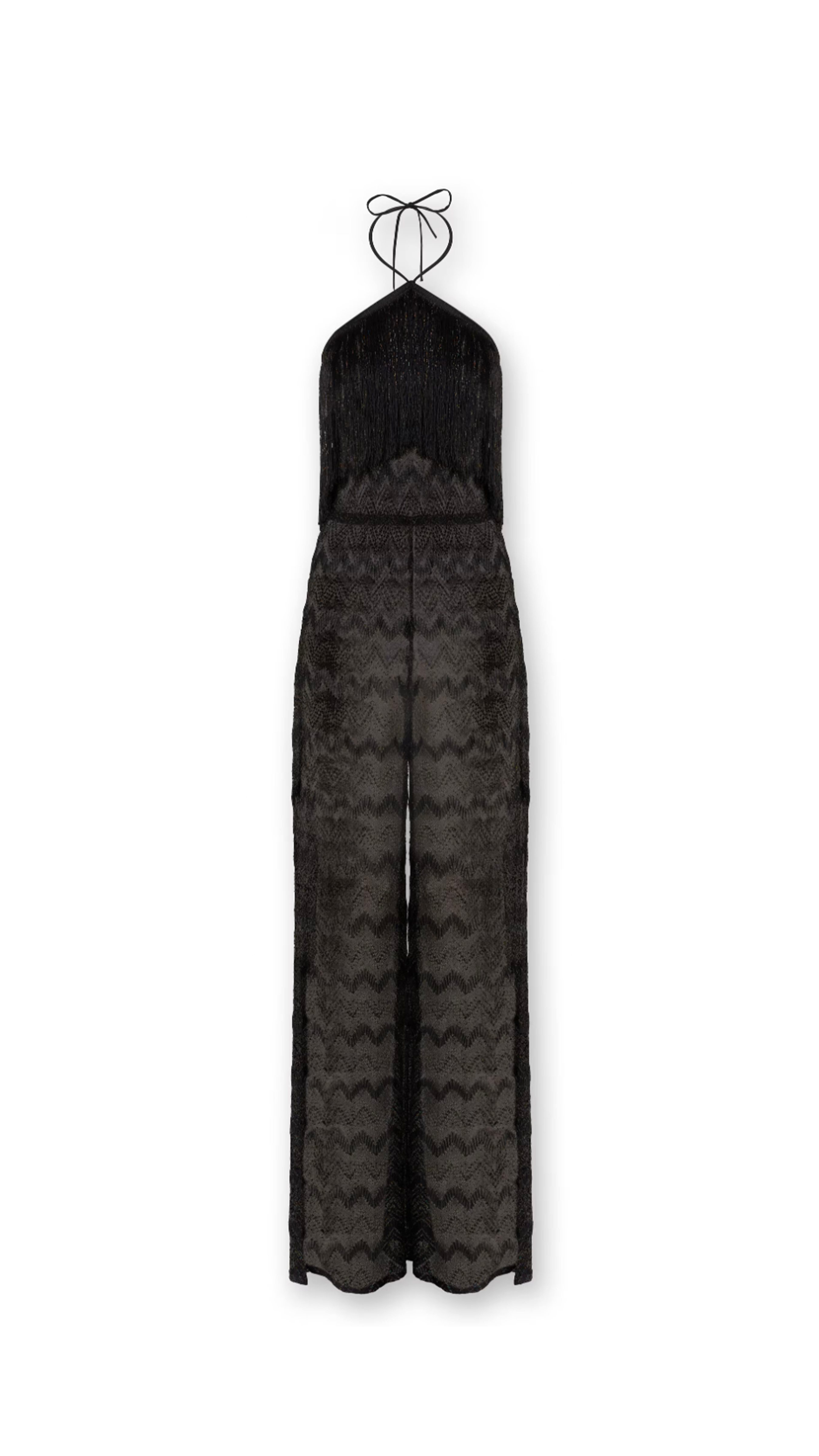 Zig Zag Lamé Viscose Jumpsuit with Fringes - Black