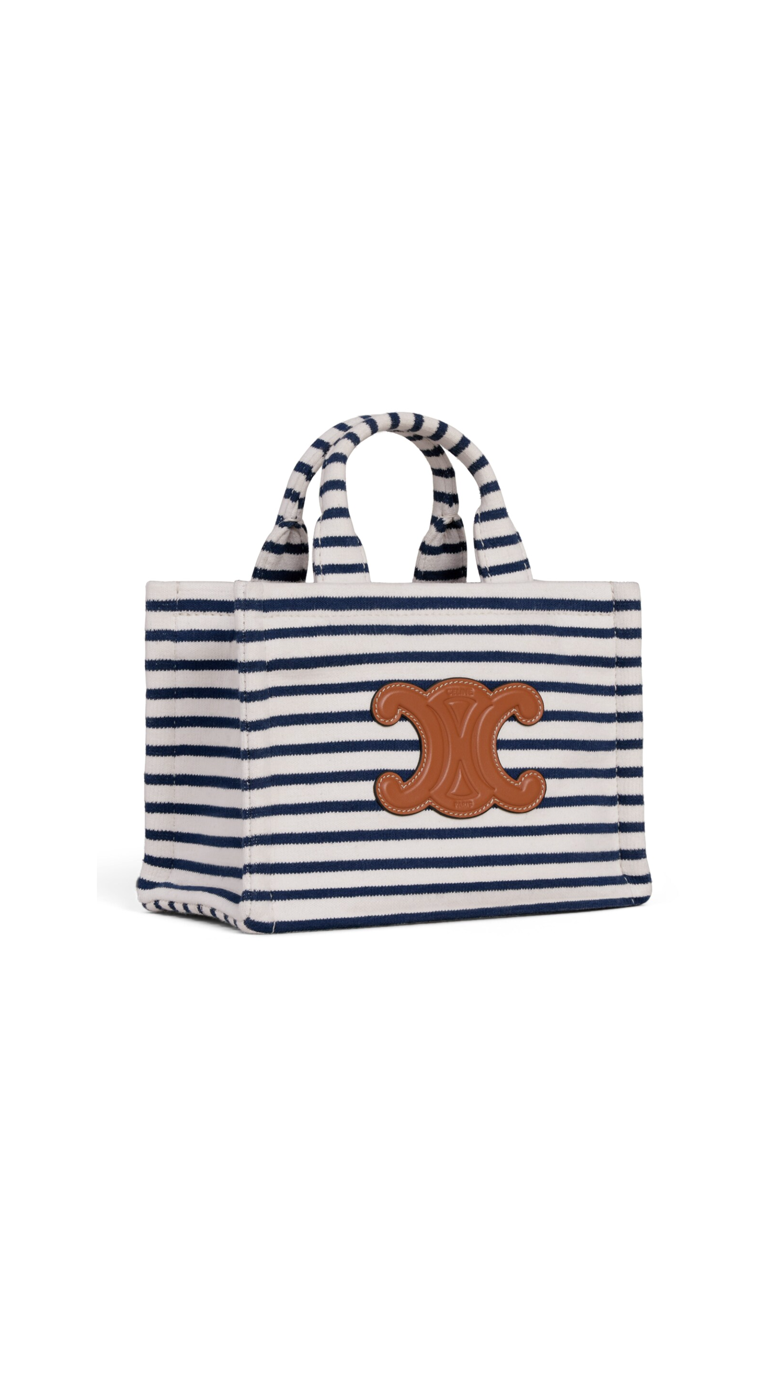 Mini Cabas Thais in Striped Textile and Calfskin - White/Navy/Tan