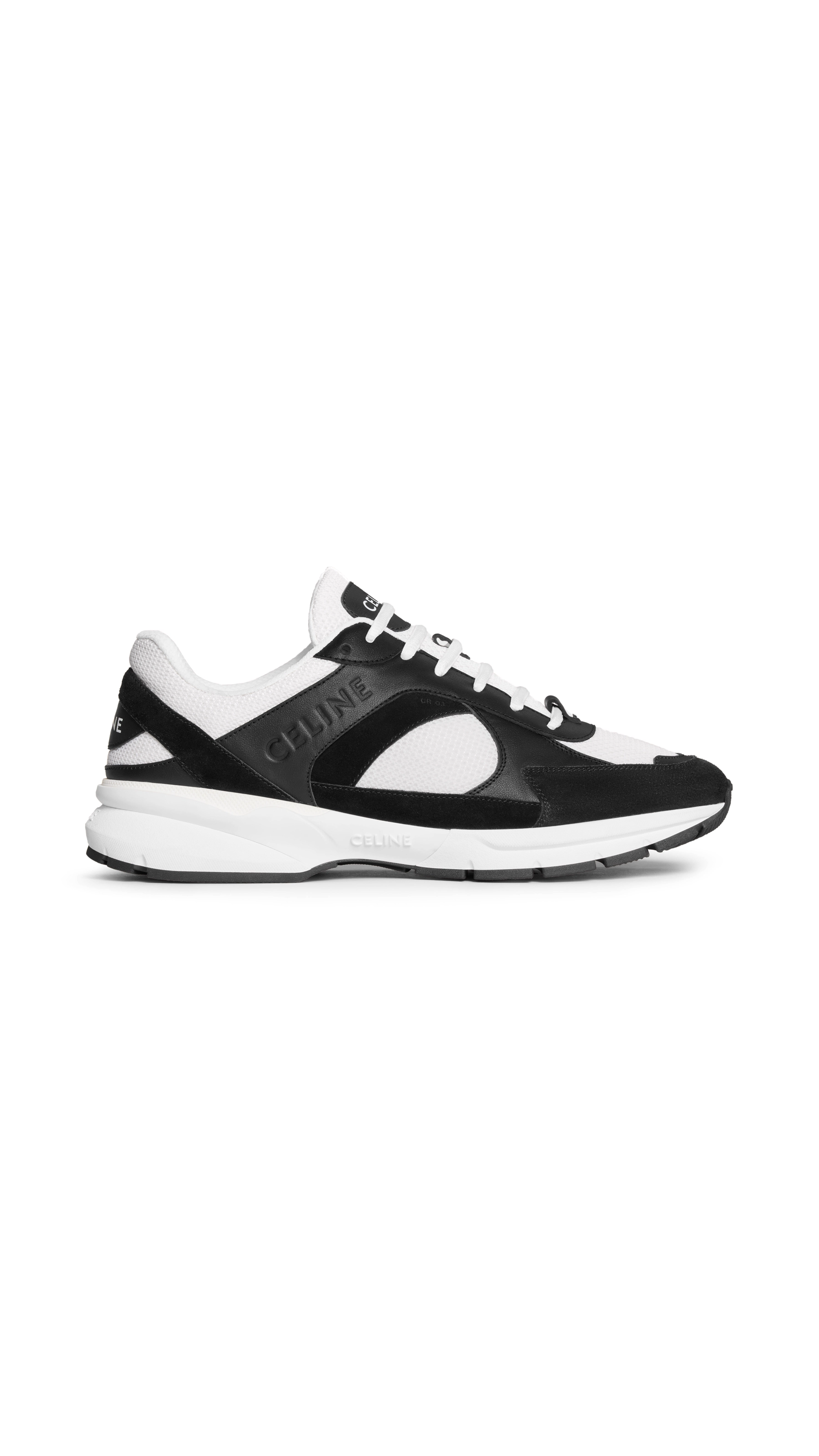 CR-03 Low Lace-Up Sneaker in Mesh, Calfskin and Suede- White/Black