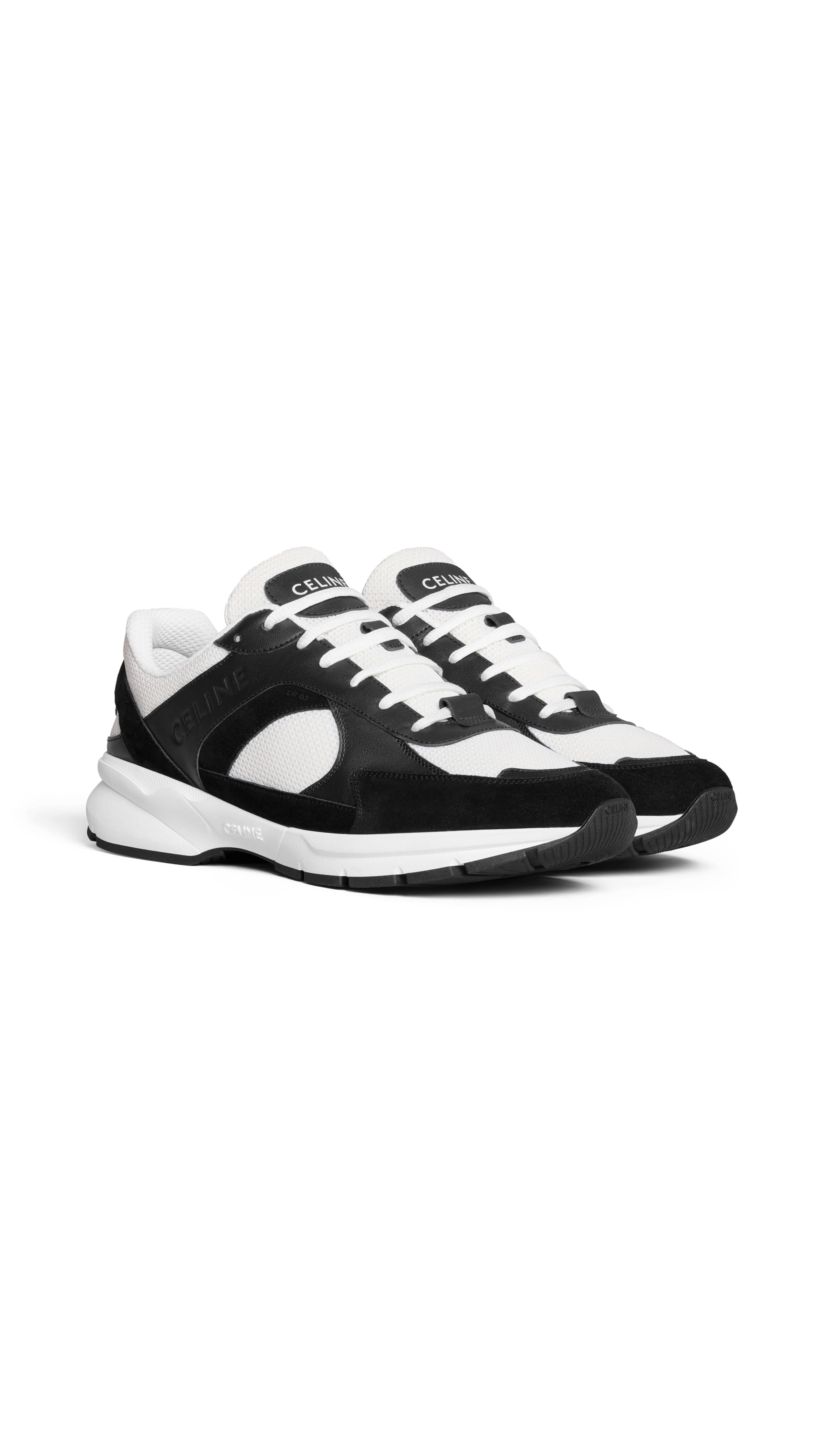 CR-03 Low Lace-Up Sneaker in Mesh, Calfskin and Suede- White/Black