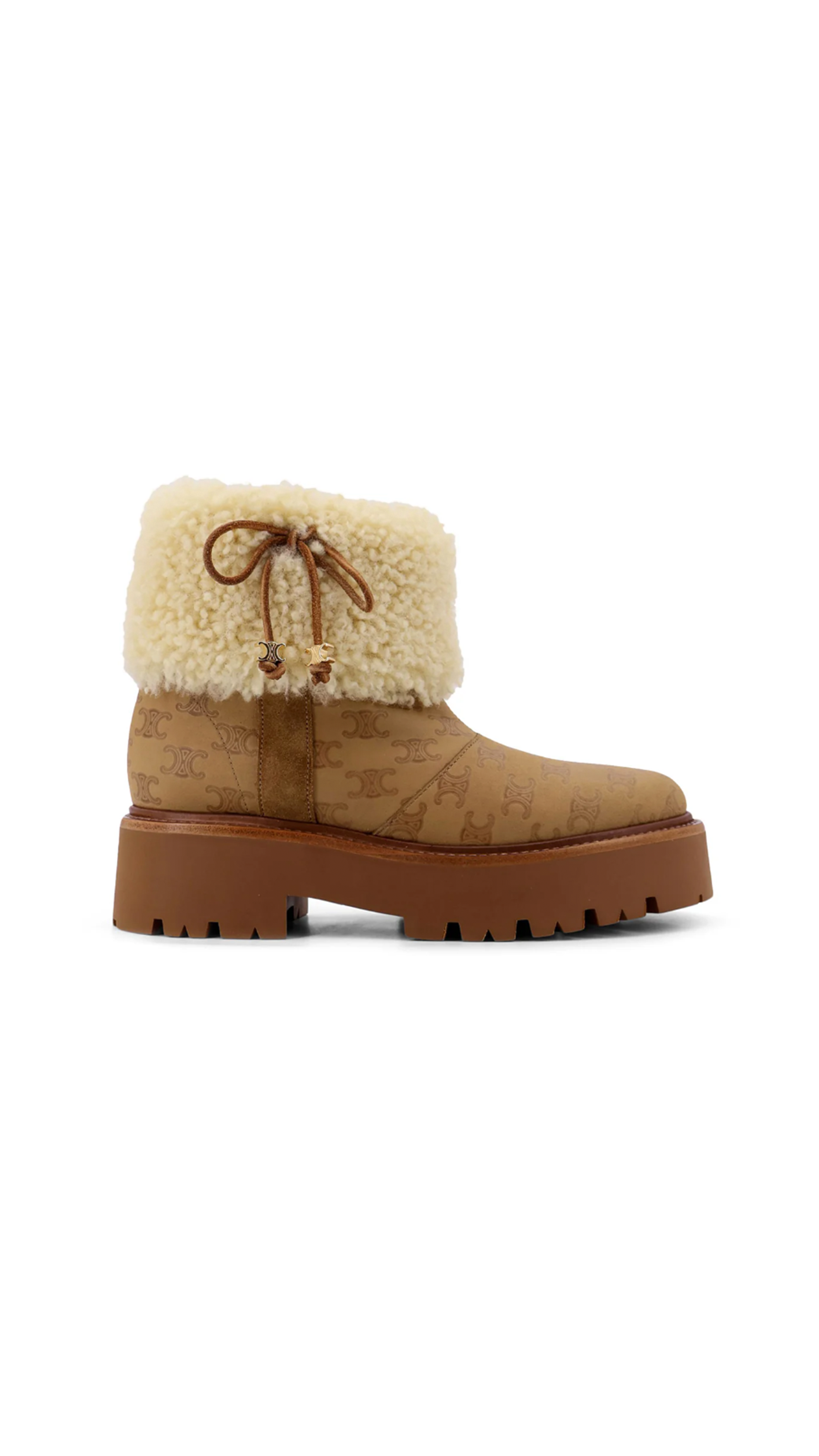 Bulky Cropped Boot with Triomphe Tassels in Suede Calfskin and Shearling - Havana