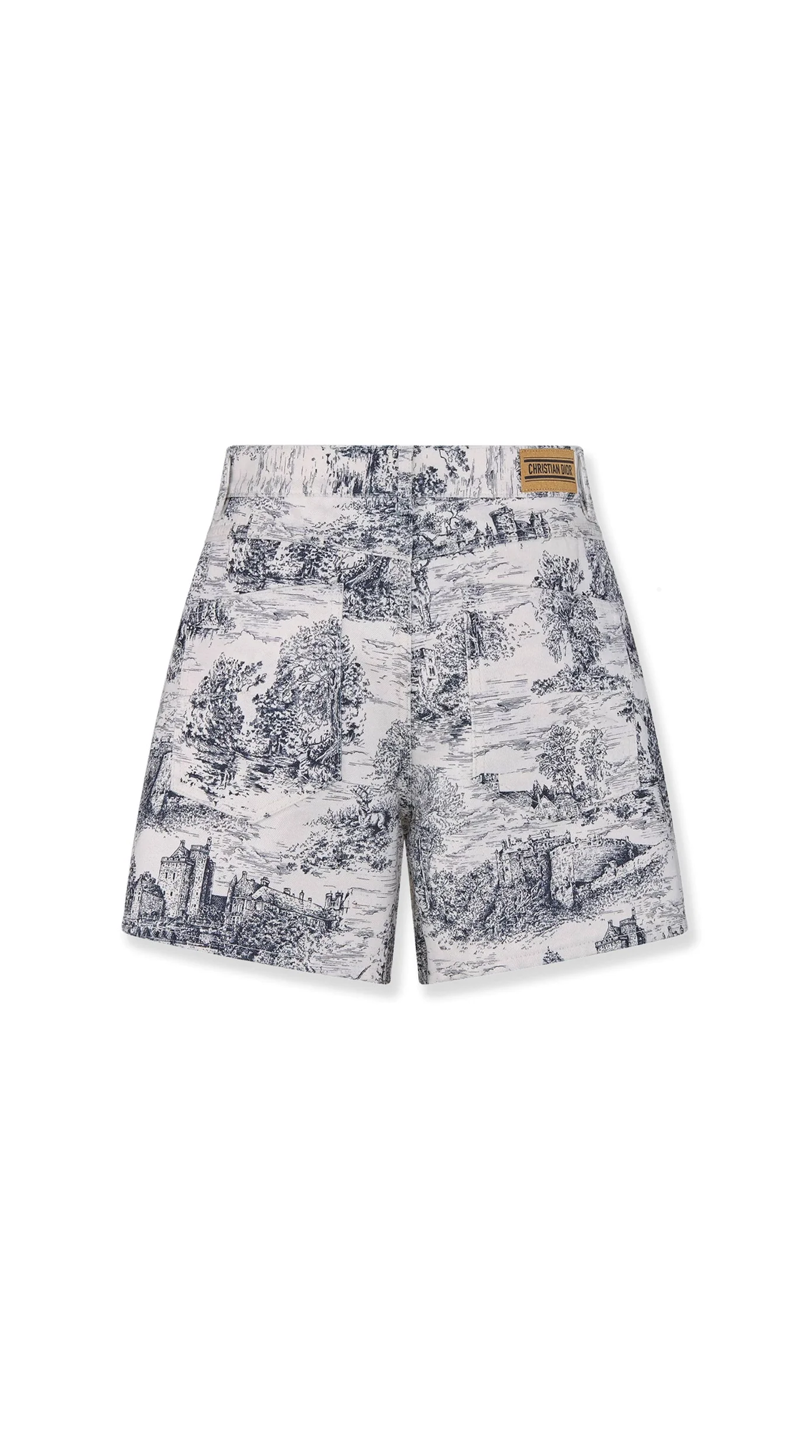 Cotton Denim Shorts with Toile de Jouy Scotland Motif  - Blue/White