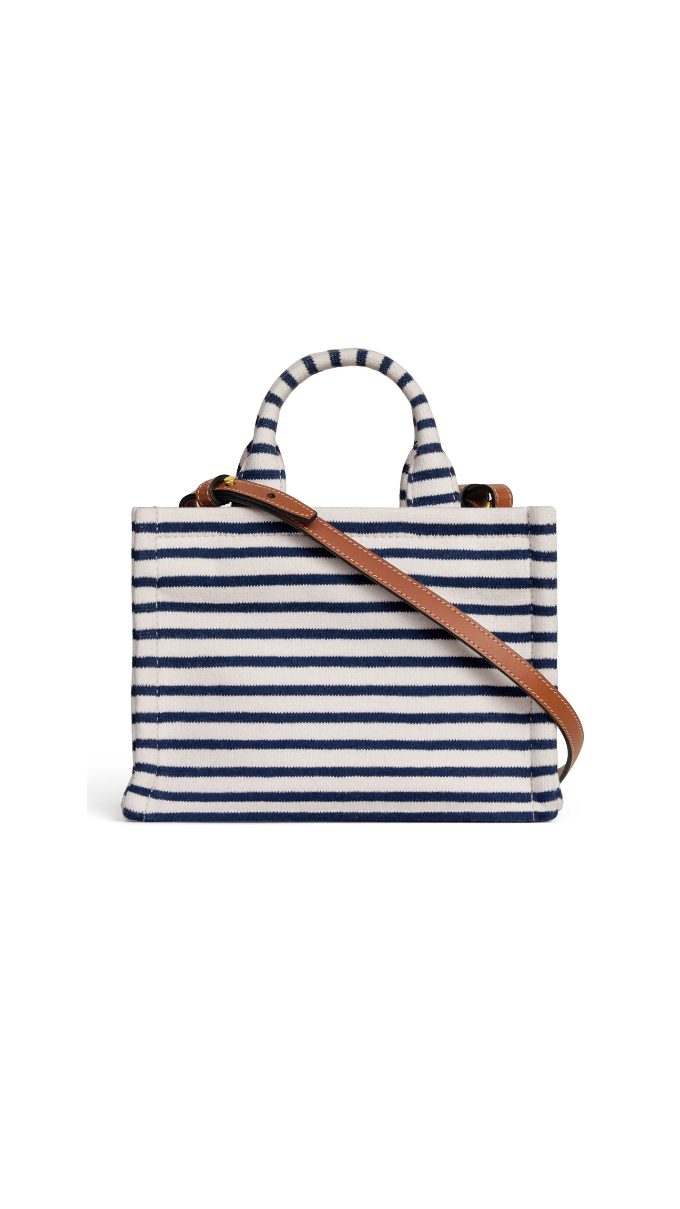 Mini Cabas Thais in Striped Textile and Calfskin - White/Navy/Tan
