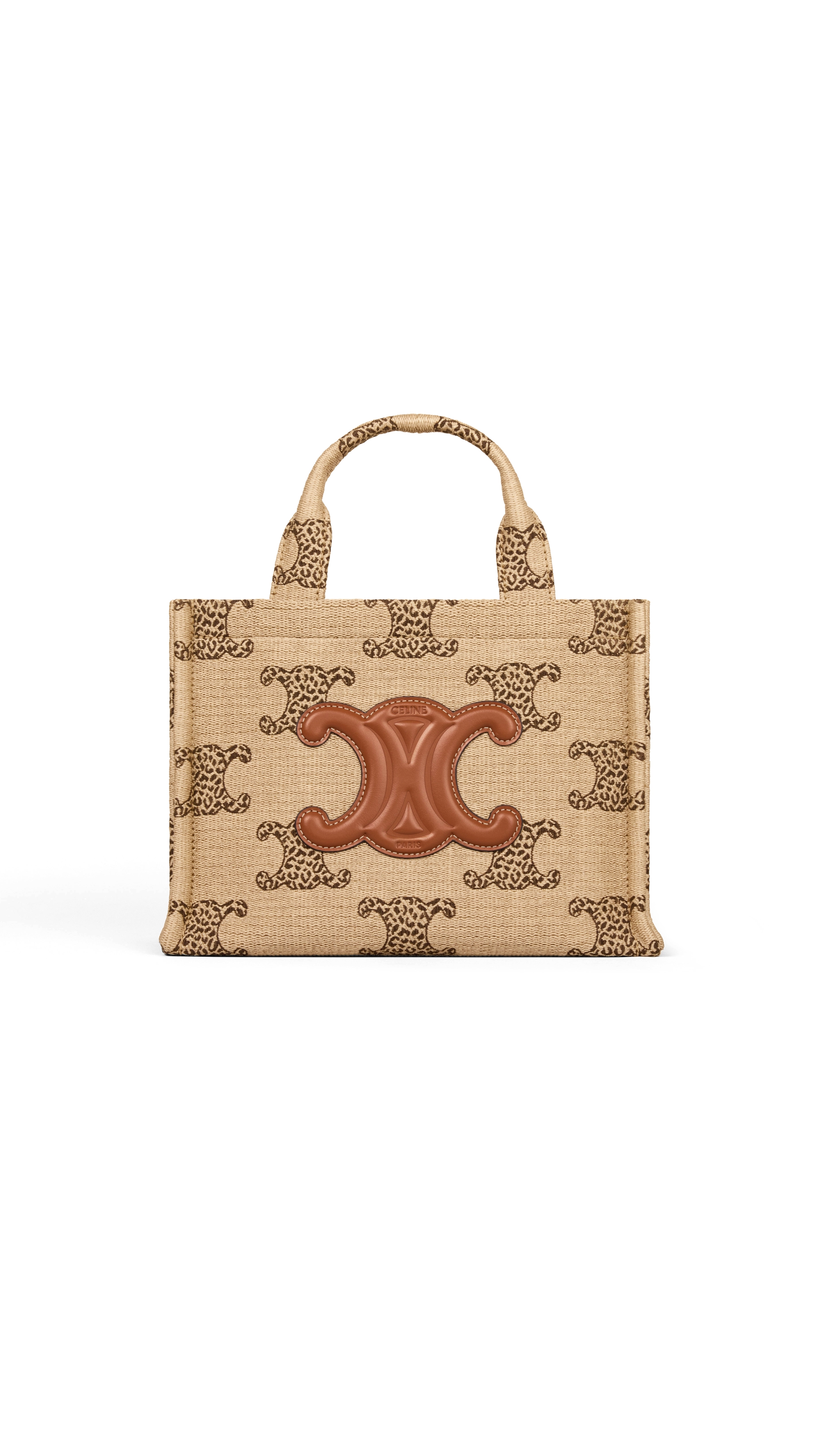 Small Cabas Thais in Raffia Effect Textile with Leopard Triomphe - Natural/Tan