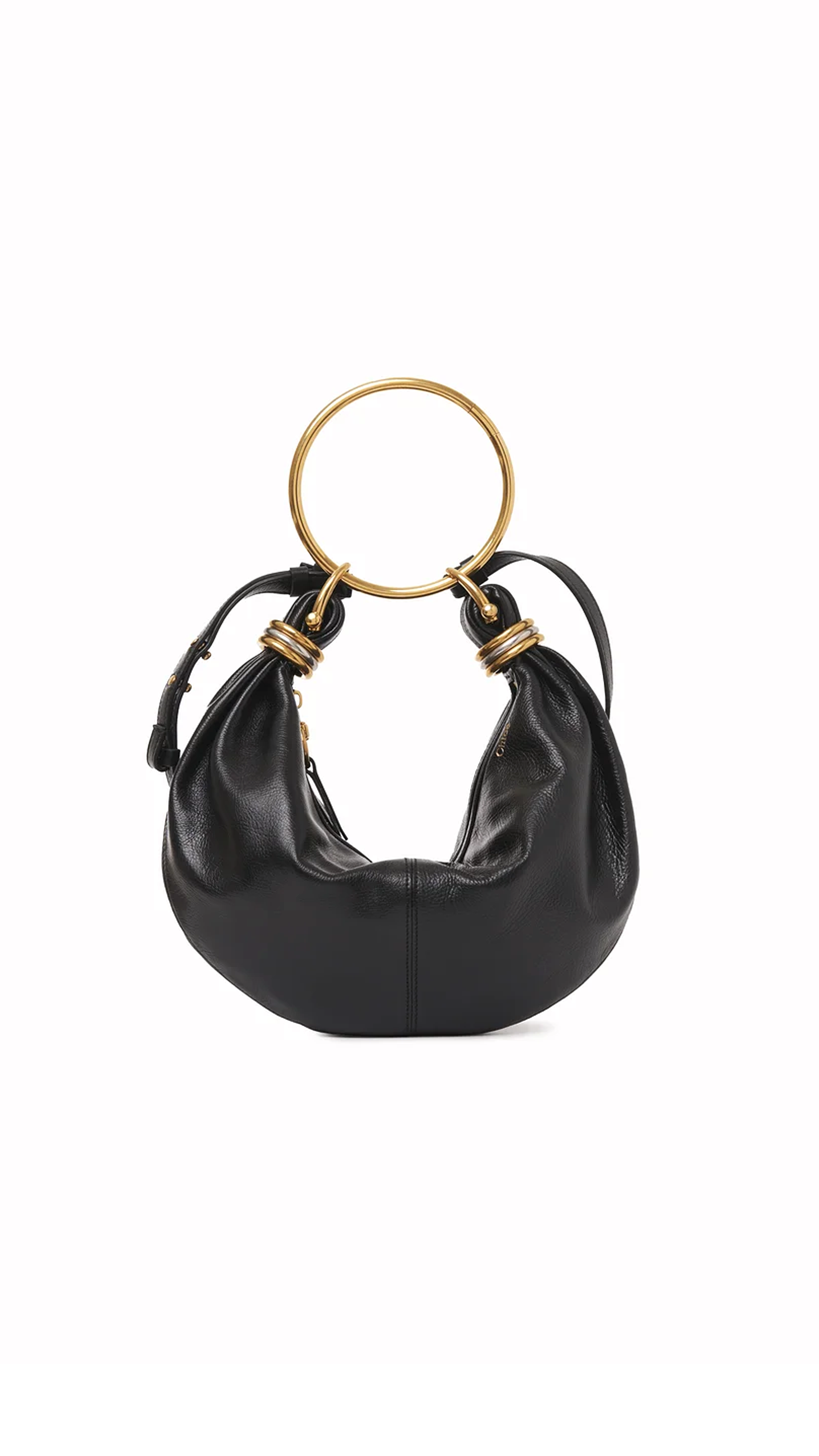 Small Bracelet Hobo Bag In Grained Leather - Black