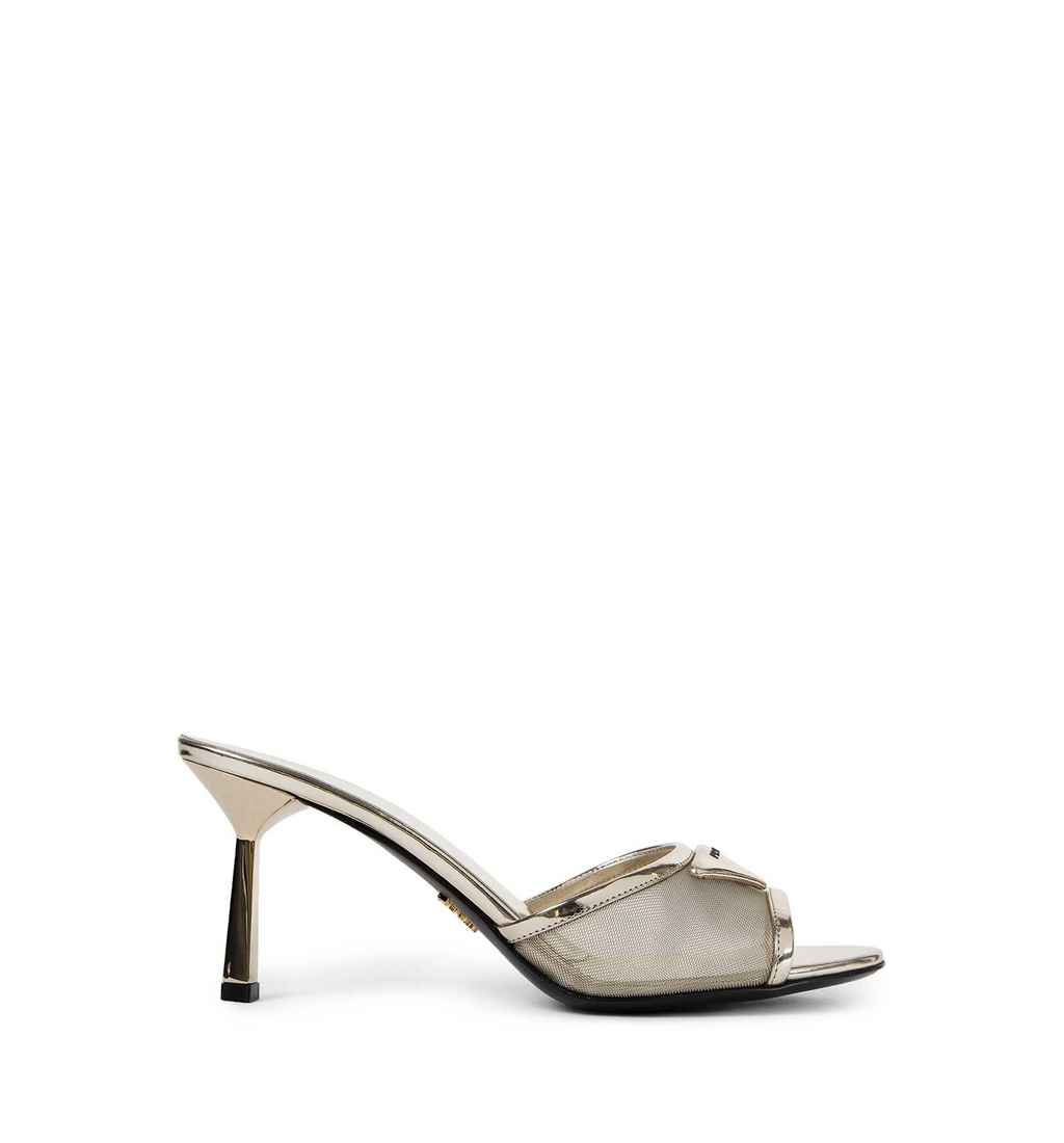 Metallic leather mesh mules
