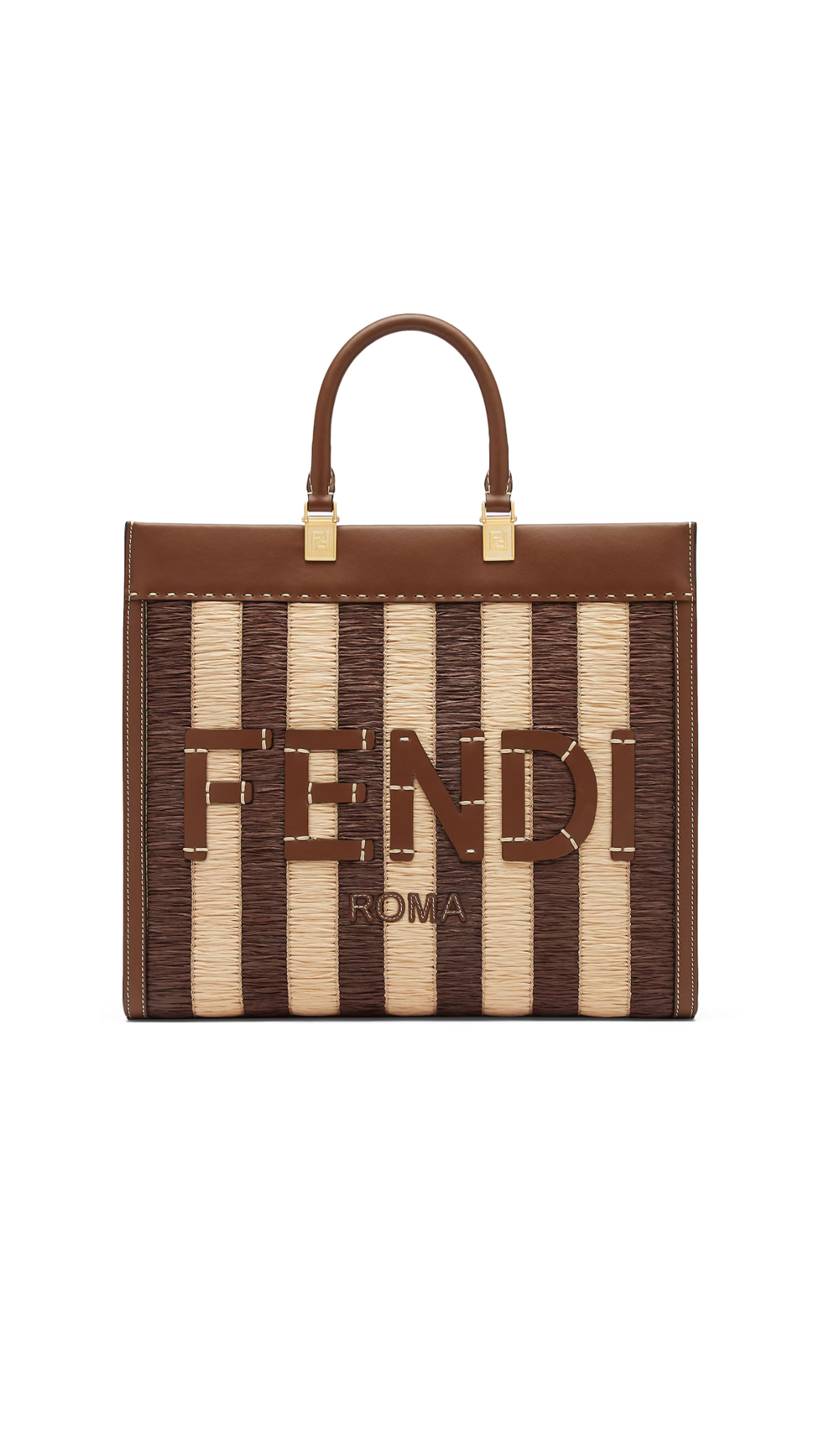 Fendi Sunshine Medium Shopper in Raffia and Leather - Brown/Natural