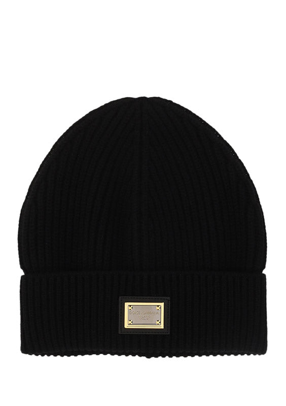 Knit Cashmere Hat with branded Plate - Black