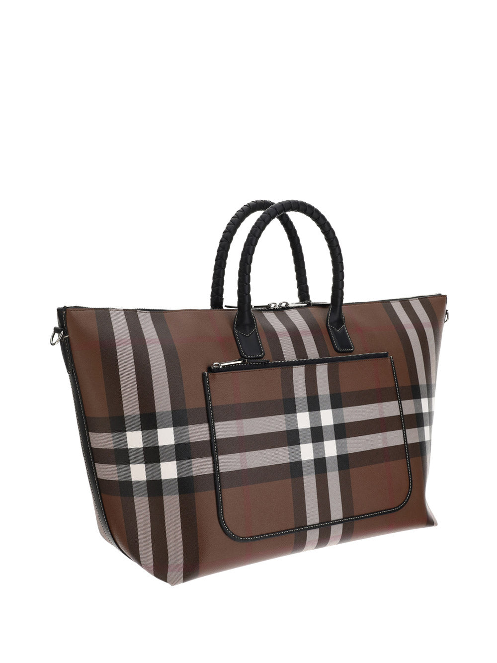 Check and Leather Holdall - Dark Birch Brown