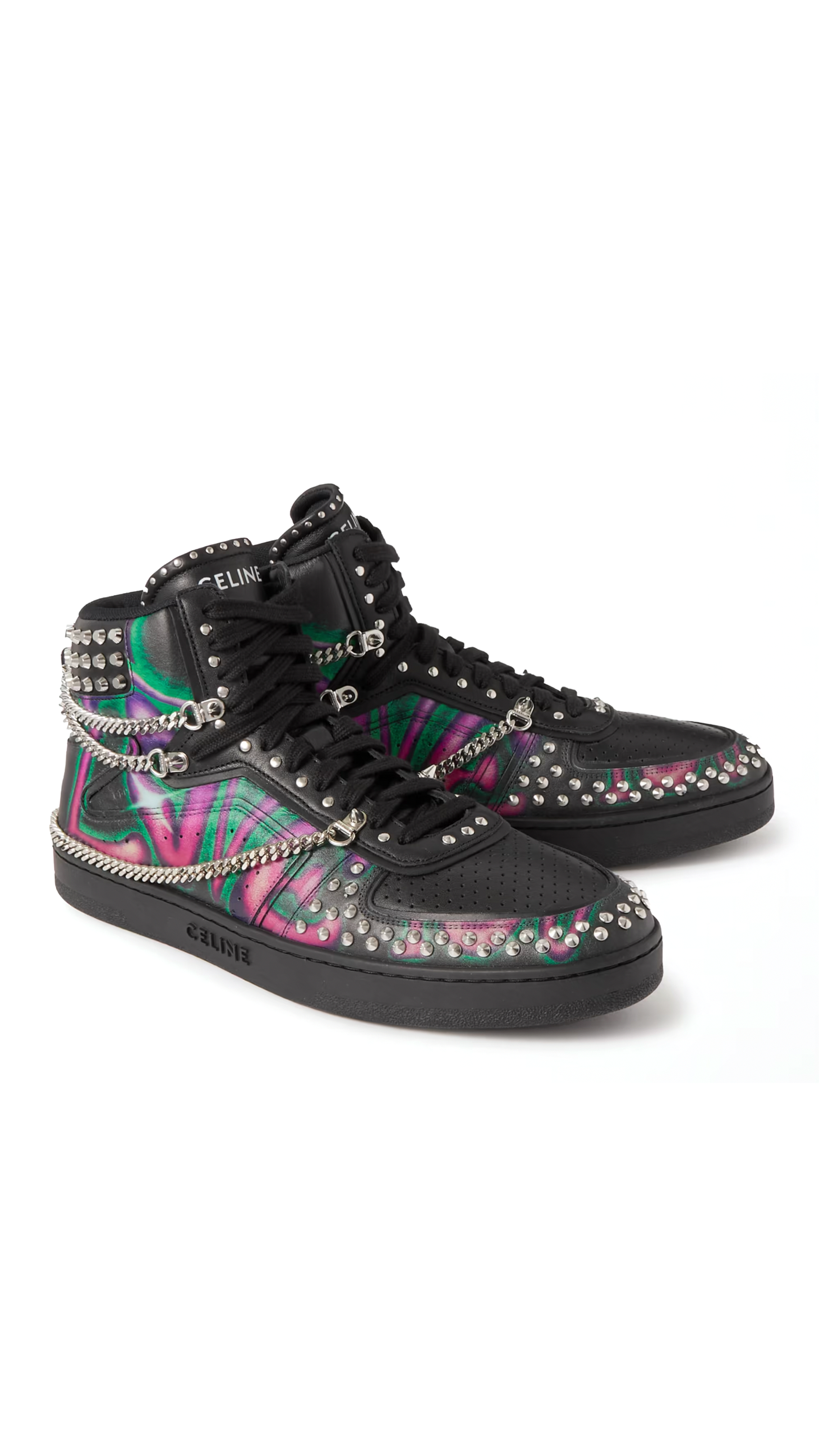 CT-01 Stud Chain-Embellished Printed Leather High-Top Sneakers - Black/Multi