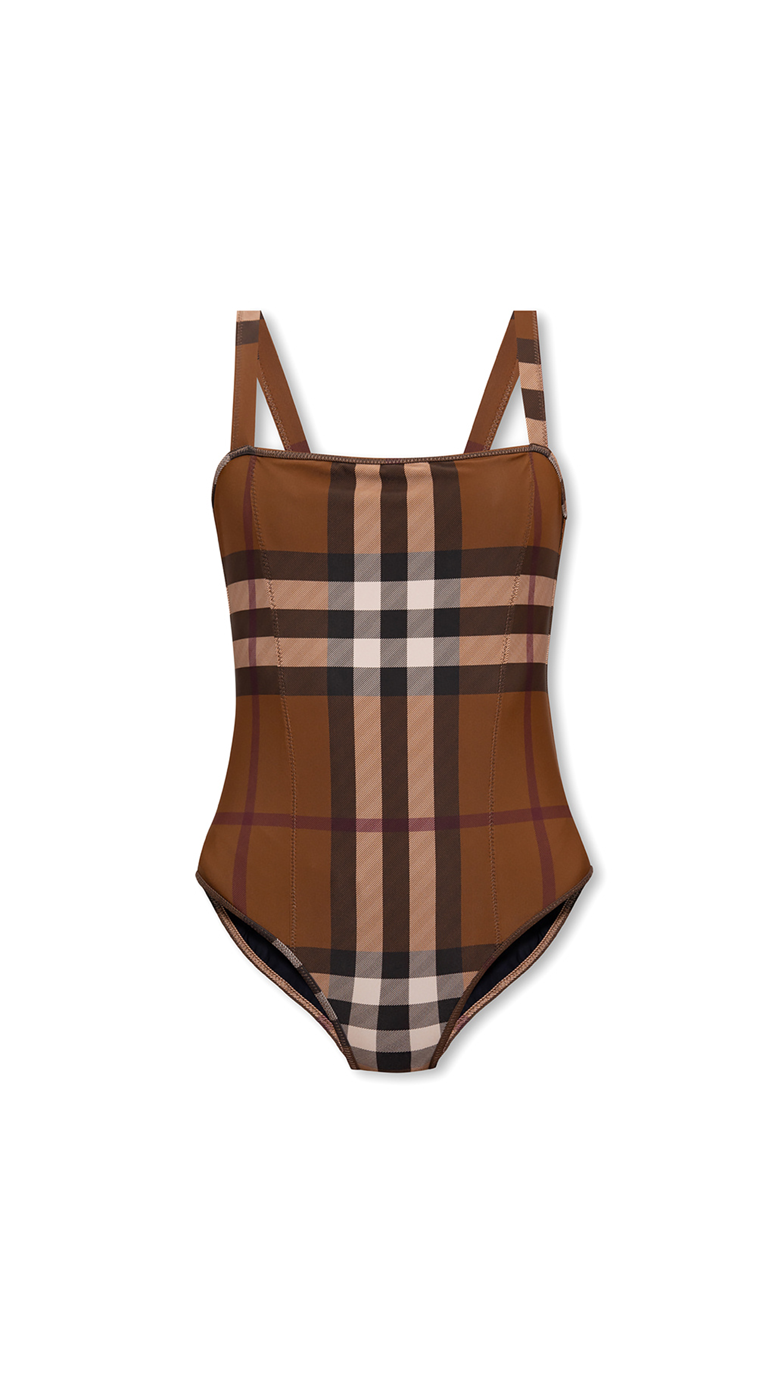 Check Stretch Nylon Square Neck One-piece Swimsuit - Birck Brown