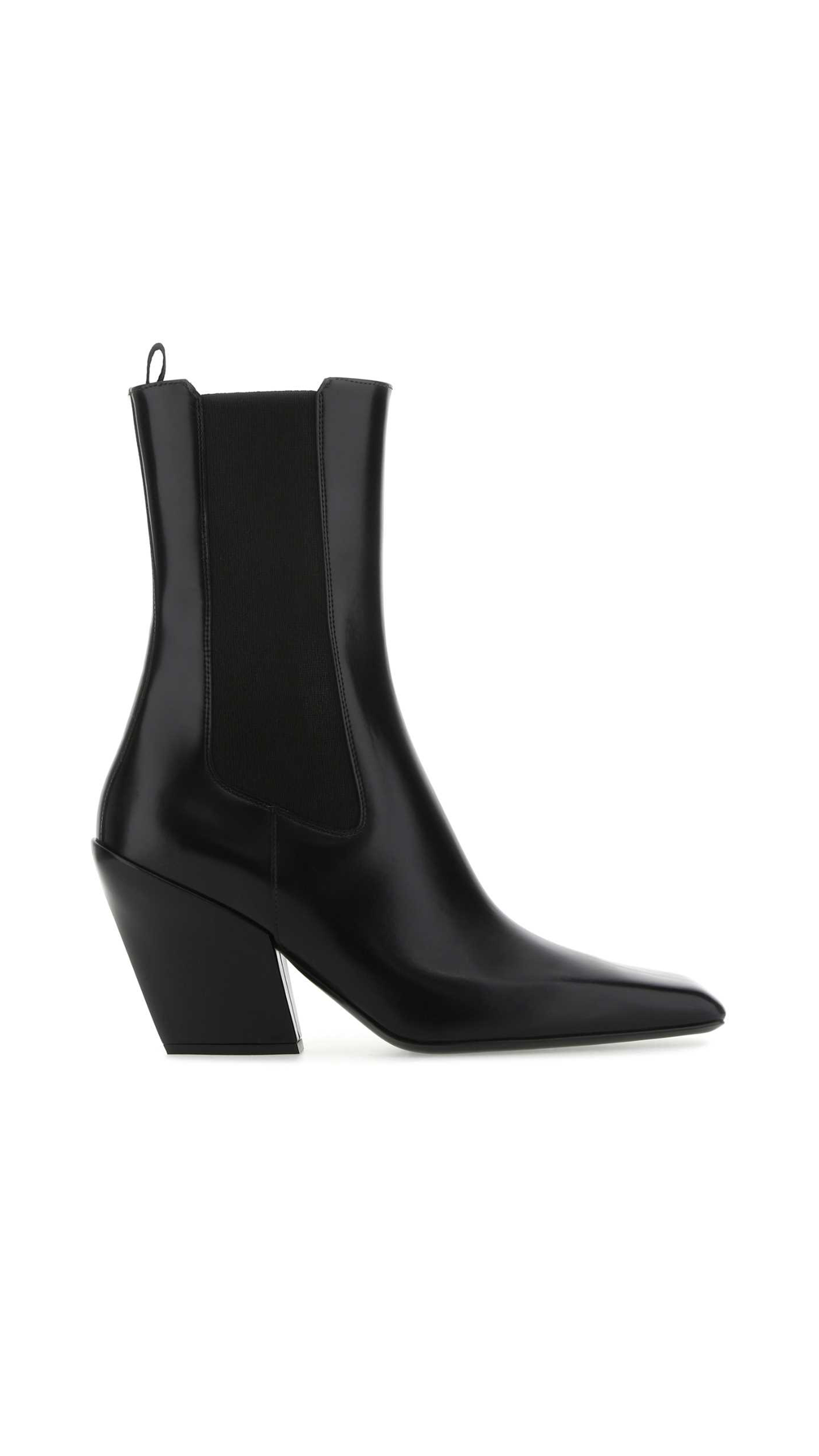 Brushed Leather Western Square-toe Boots - Black