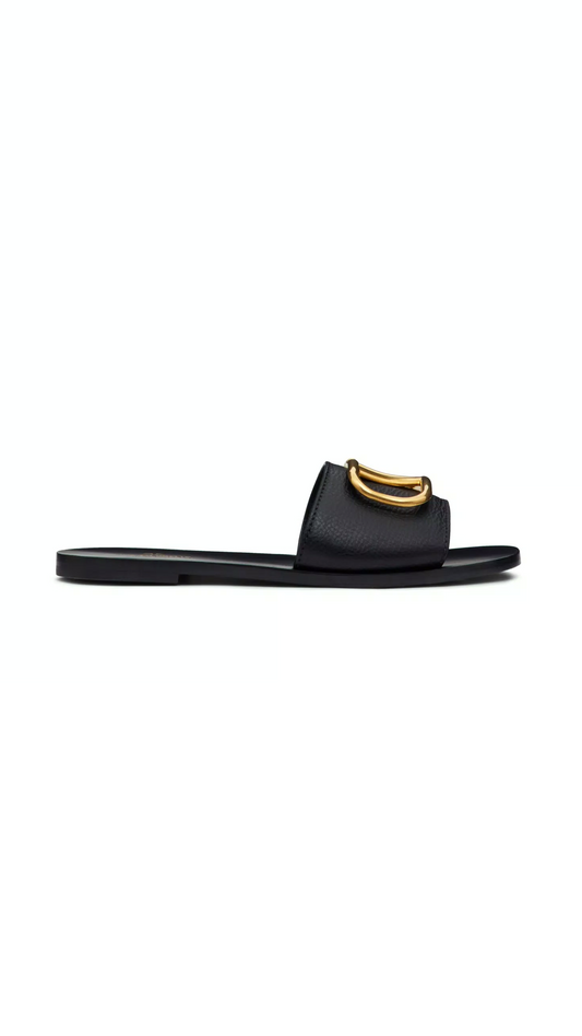 Vlogo Signature Slide Sandal in Grainy Cowhide with Accessory - Black