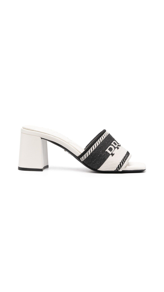 Heeled Sandals in Embroidered Fabric - Black/White Chalk