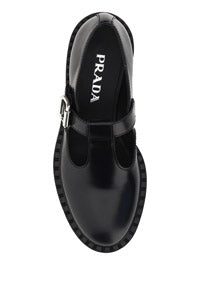 Brushed Leather Mary Jane T-strap Shoes - Black