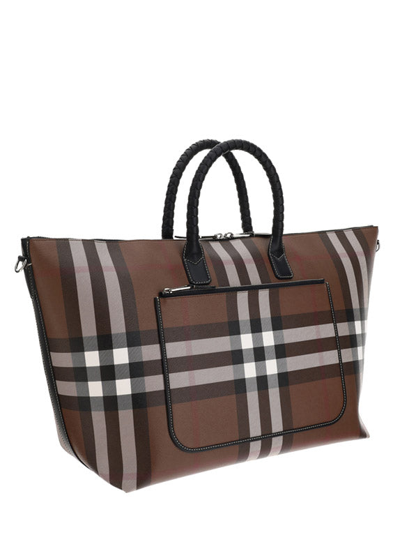 Check and Leather Holdall - Dark Birch Brown