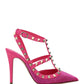 Satin Rockstud Pumps  With All-Over Tubes Embroidery And Straps 100MM - Pink.
