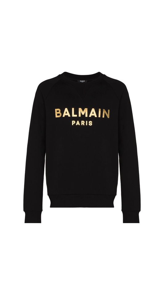 Sweatshirt in Eco-responsible Cotton with Balmain Metallic Logo Print - Black/Gold