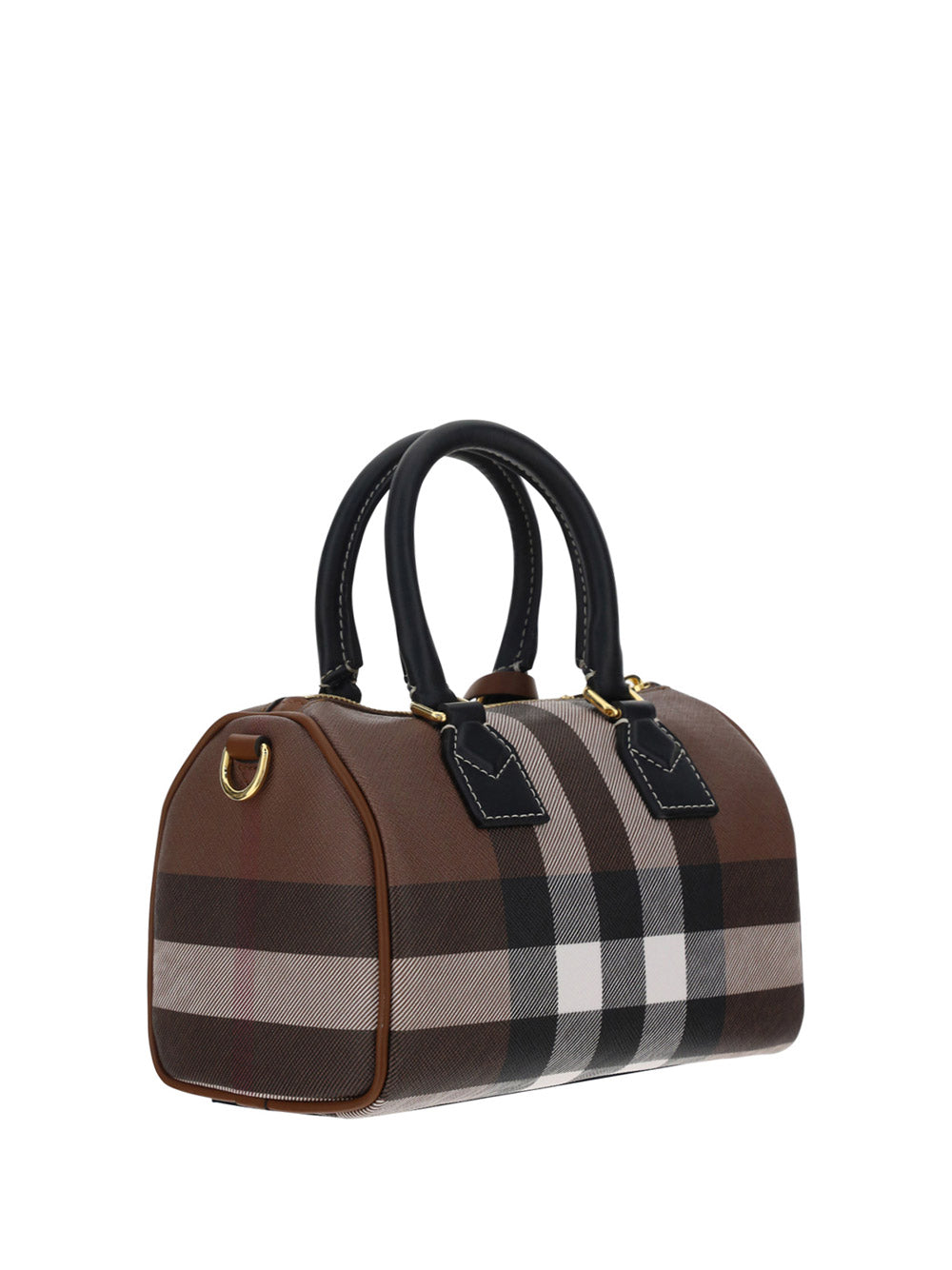 Check and Leather Mini Bowling Bag - Dark Birch Brown