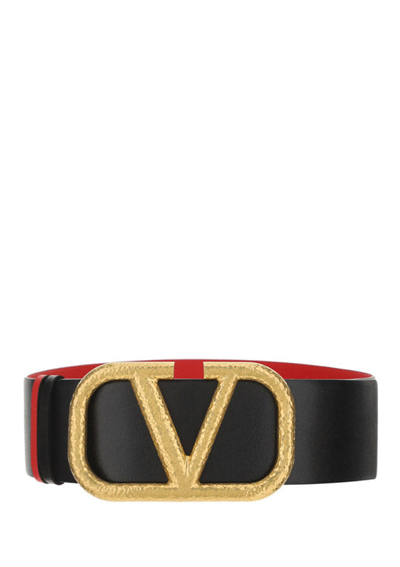 VLogo Signature Reversible Belt In Glossy and Grainy Calfskin Leather 70mm - Black