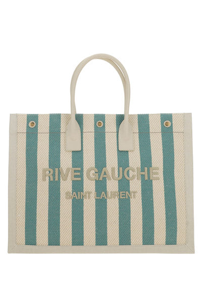Rive Gauche Tote Bag In Striped Canvas And Smooth Leather - Beige / Blue