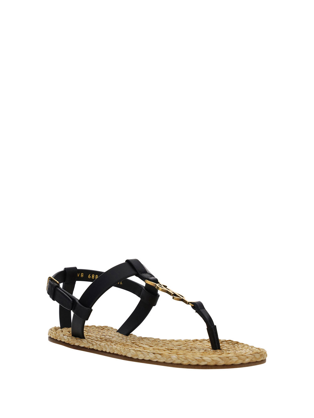 Cassandra Flat Sandals In Smooth Leather With Bronze-Tone Monogram - Black