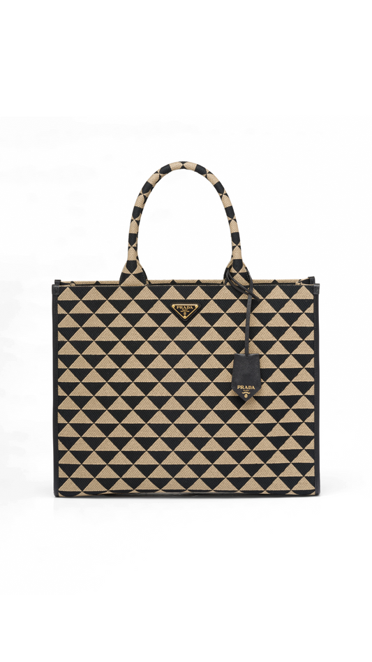 Large Prada Symbole Embroidered Fabric Handbag - Black/Beige