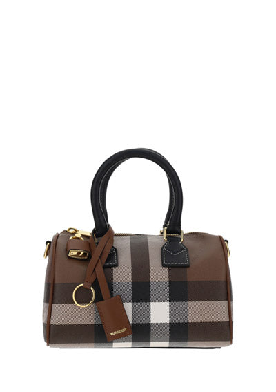 Check and Leather Mini Bowling Bag - Dark Birch Brown