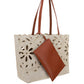 Kamilla East-West Tote Bag In Linen & Shiny Calfskin - Sepia Brown
