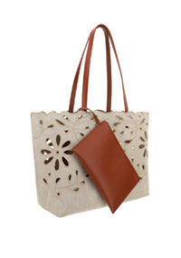 Kamilla East-West Tote Bag In Linen & Shiny Calfskin - Sepia Brown