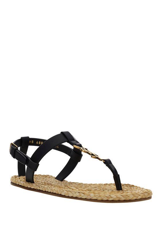 Cassandra Flat Sandals In Smooth Leather With Bronze-Tone Monogram - Black