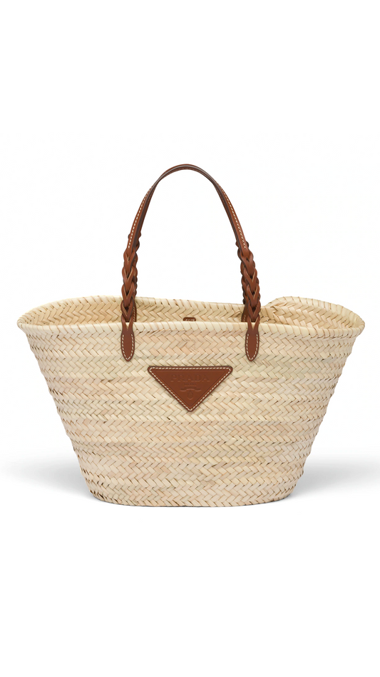 Woven Palm and Leather Tote - Beige/Cognac