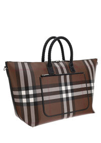 Check and Leather Holdall - Dark Birch Brown