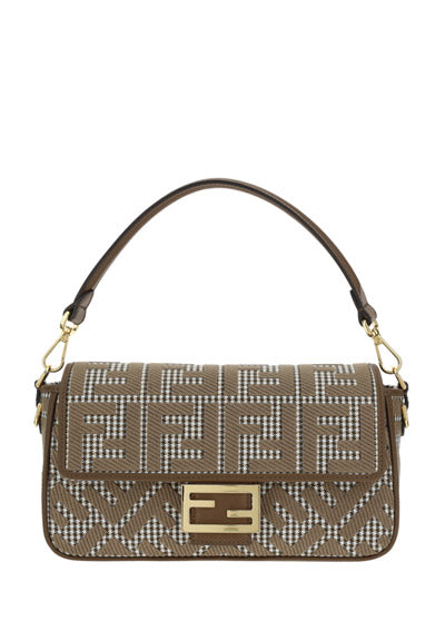 Houndstooth Wool Baguette Bag With FF Embroidery - Brown