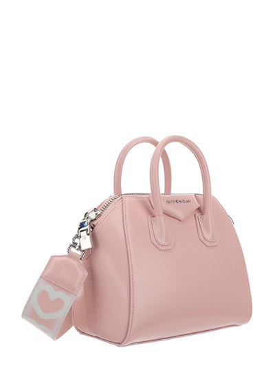 Small Antigona Bag In Leather With Tag Effect Heart Print - Pink.