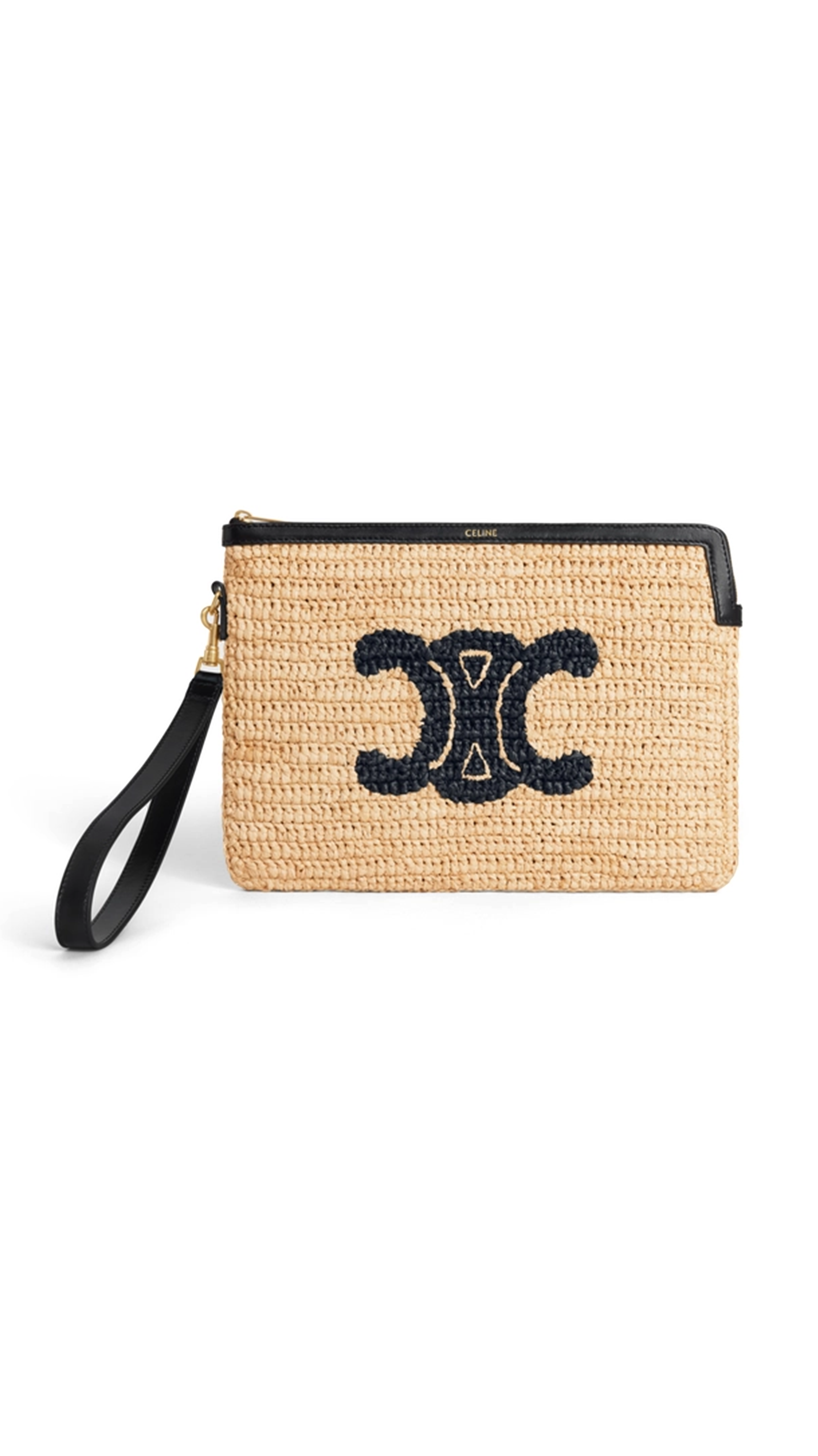 Small Pouch in Raffia Triomphe Embroidery and Calfskin Strap - Natural/Black