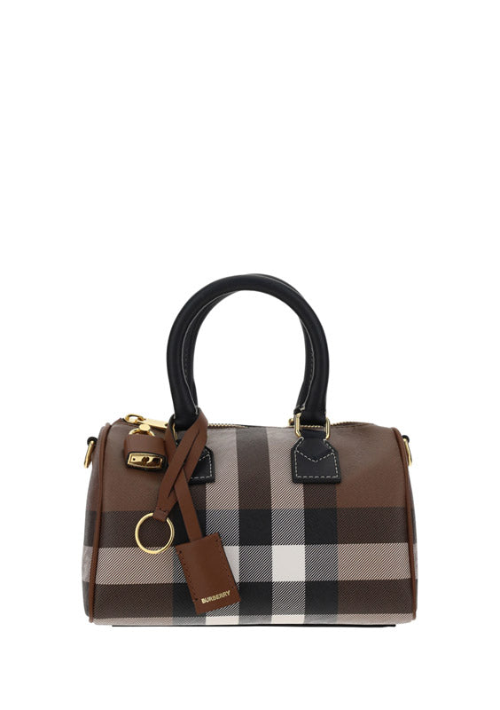 Check and Leather Mini Bowling Bag - Dark Birch Brown