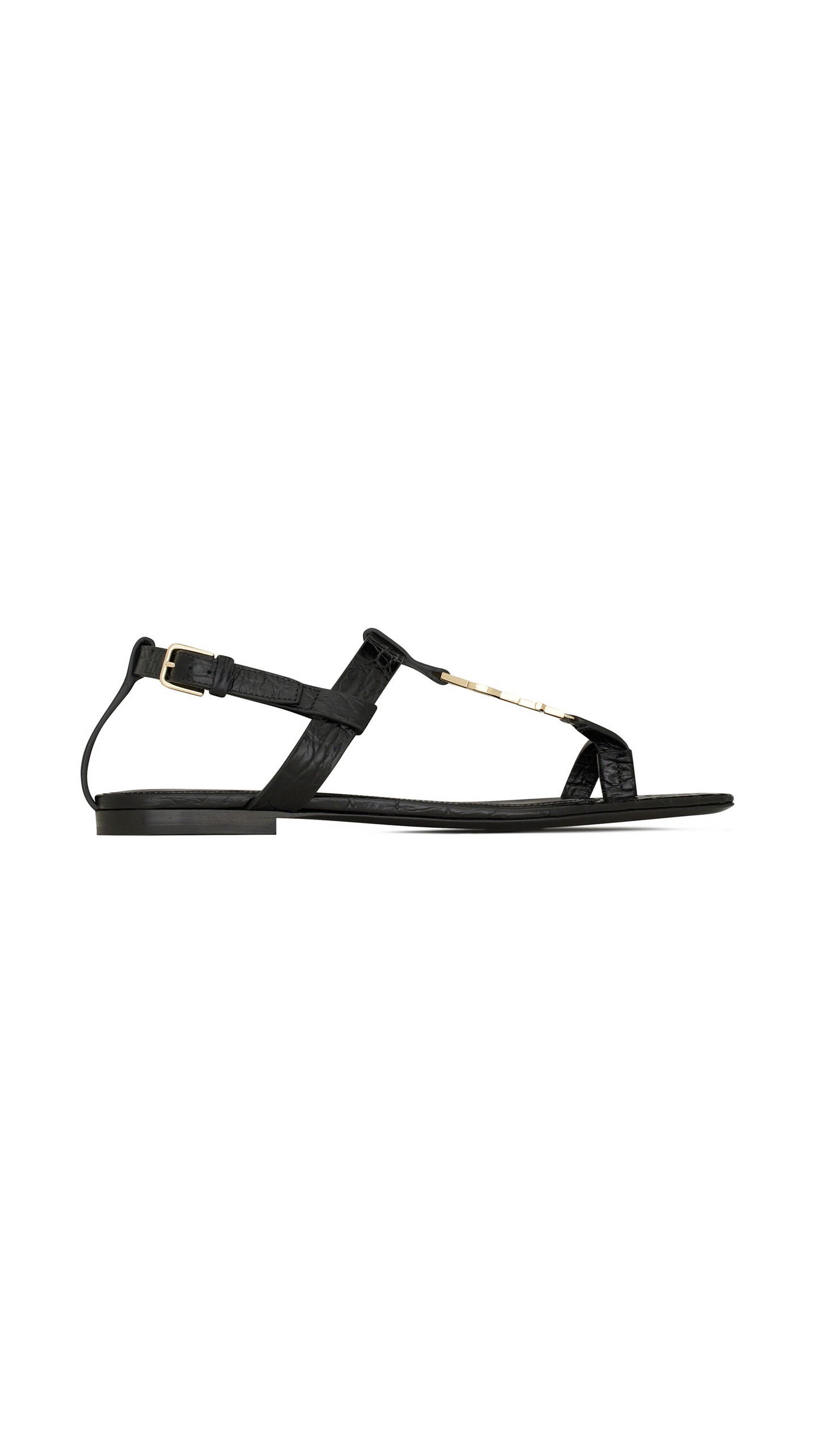 Cassandra Flat Sandals In Crocodile-Embossed Leather With Gold-Tone Monogram - Black
