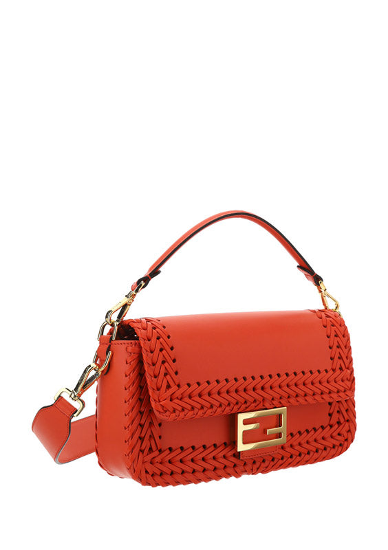 Medium Baguette Woven Leather Bag - Red