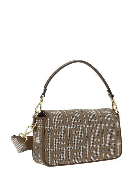 Houndstooth Wool Baguette Bag With FF Embroidery - Brown