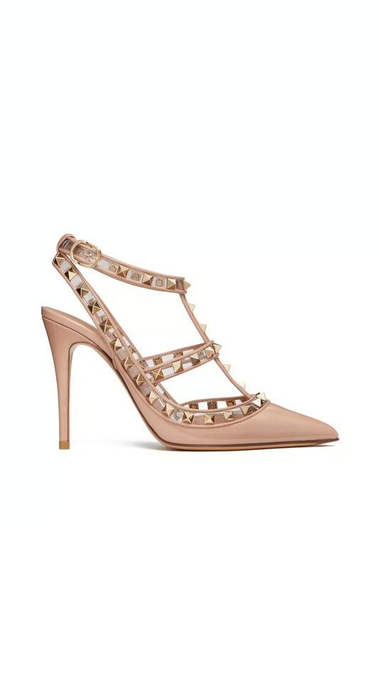 Rockstud Pumps in Patent Leather and Polymer Material with Straps 100MM - Rose Cannelle