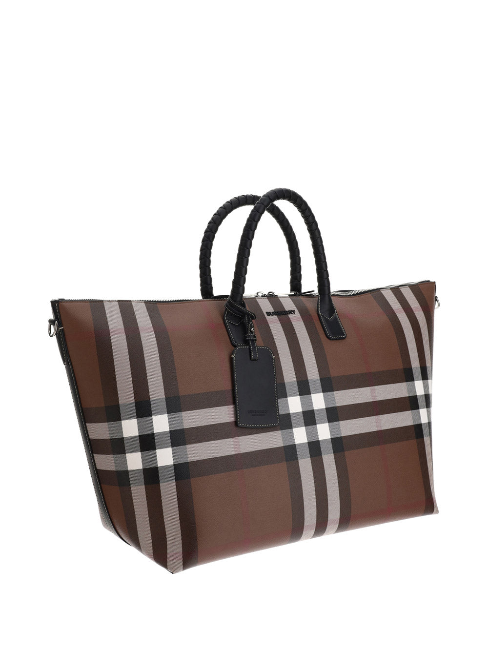 Check and Leather Holdall - Dark Birch Brown