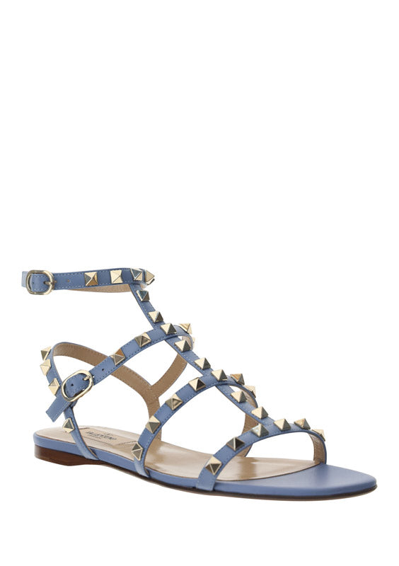 Rockstud Flat Calfskin Sandal with Straps - Azure