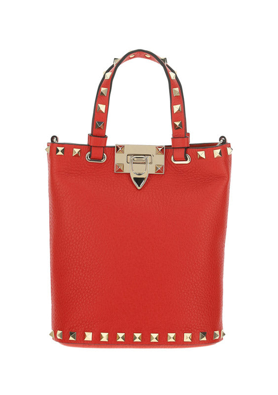 Rockstud Grainy Calfskin Small Tote - Red