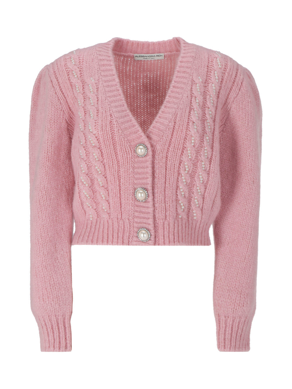 Cable Knit Cardigan With Pearls - Pink